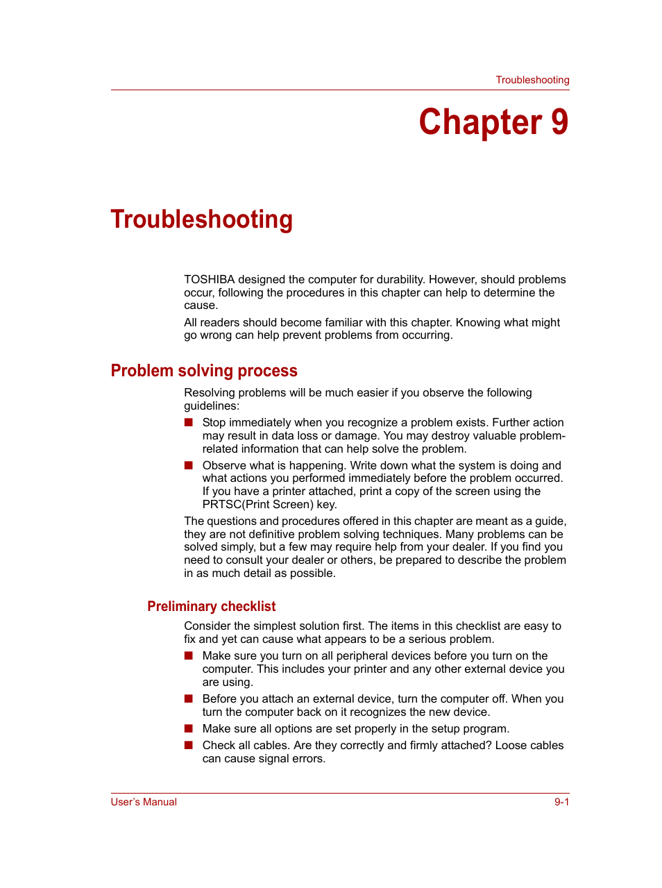 Chapter 9: troubleshooting, Problem solving process, Chapter 9 | Troubleshooting, Problem solving process -1 | Toshiba NB100 User Manual | Page 87 / 127