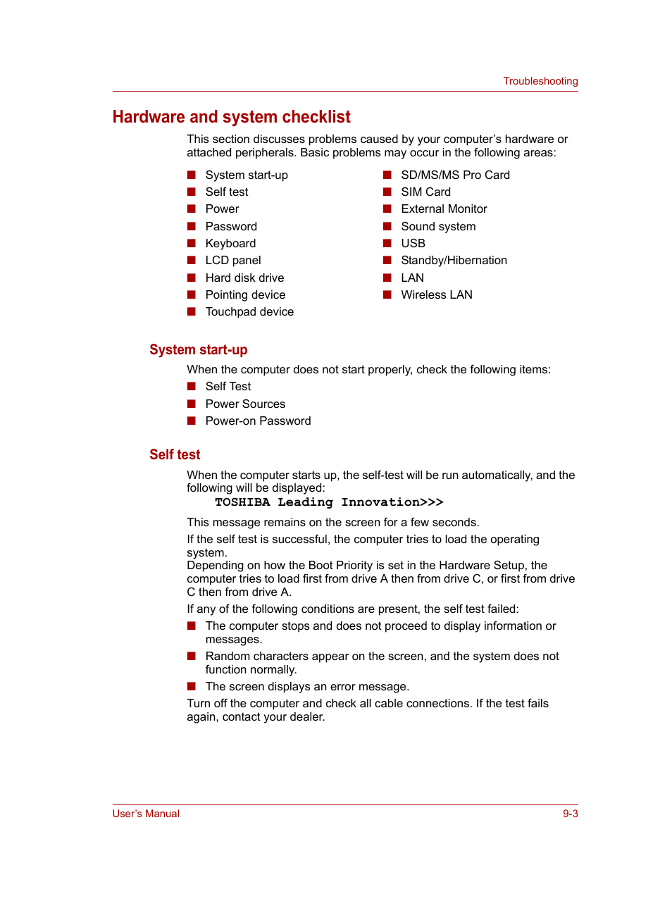 Hardware and system checklist, Hardware and system checklist -3, System start-up | Self test | Toshiba NB100 User Manual | Page 89 / 127