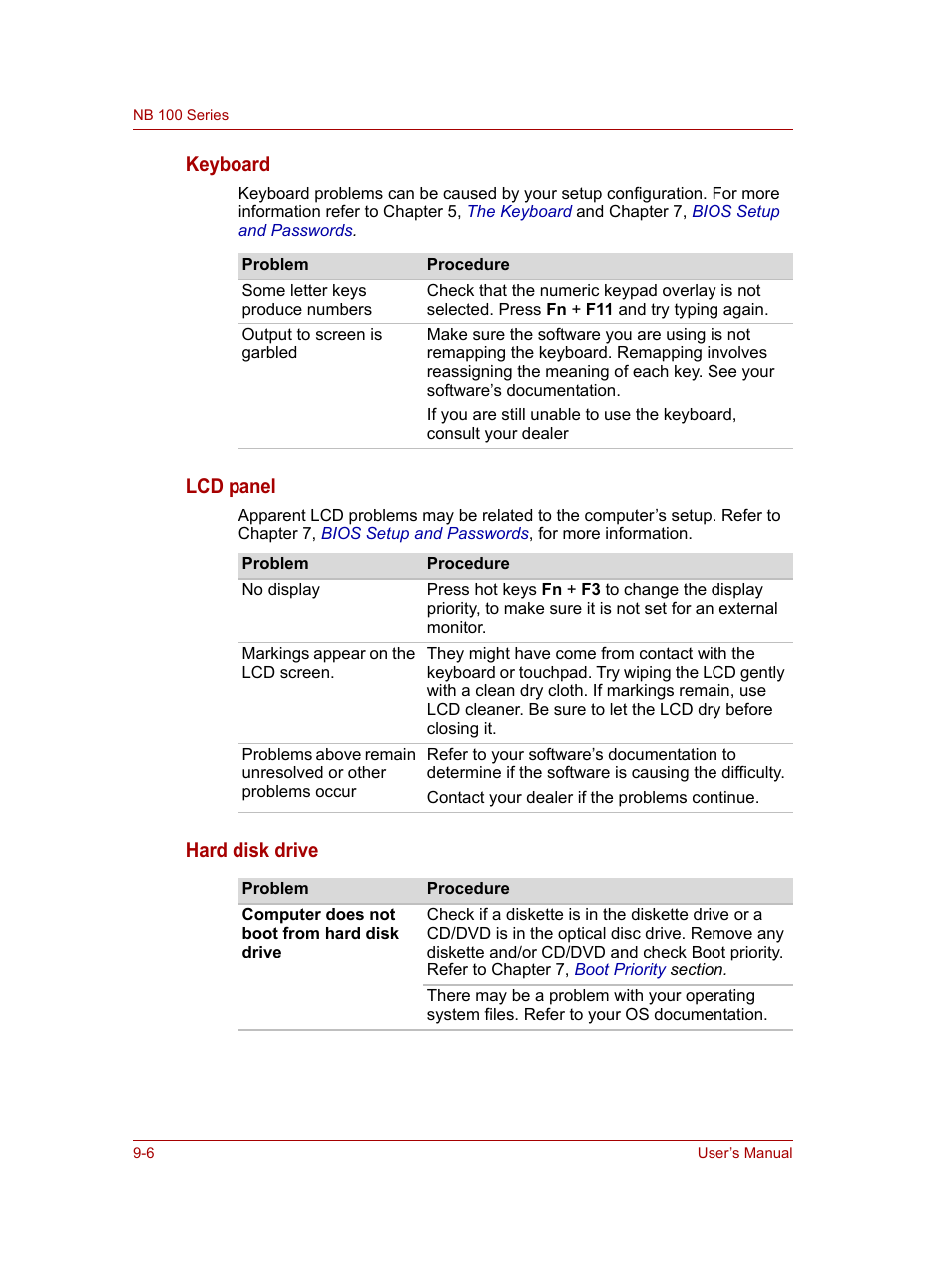 Keyboard, Lcd panel, Hard disk drive | Toshiba NB100 User Manual | Page 92 / 127