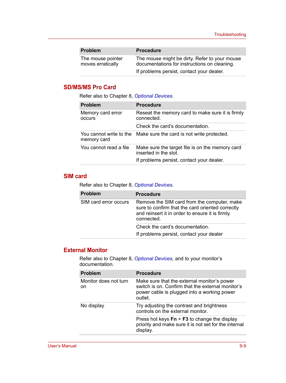 Sd/ms/ms pro card, Sim card, External monitor | Toshiba NB100 User Manual | Page 95 / 127