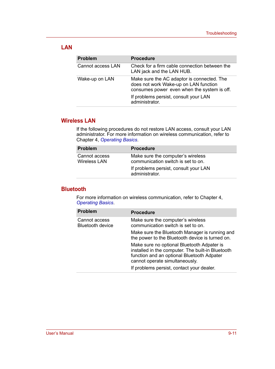 Lan wireless lan, Bluetooth | Toshiba NB100 User Manual | Page 97 / 127