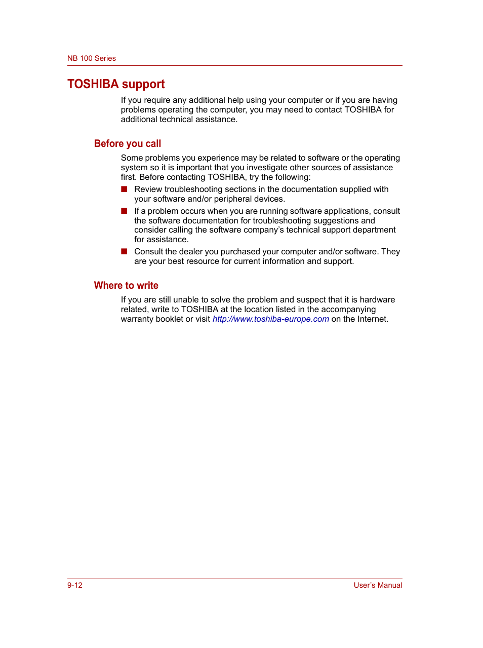 Toshiba support, Toshiba support -12, Before you call | Where to write | Toshiba NB100 User Manual | Page 98 / 127