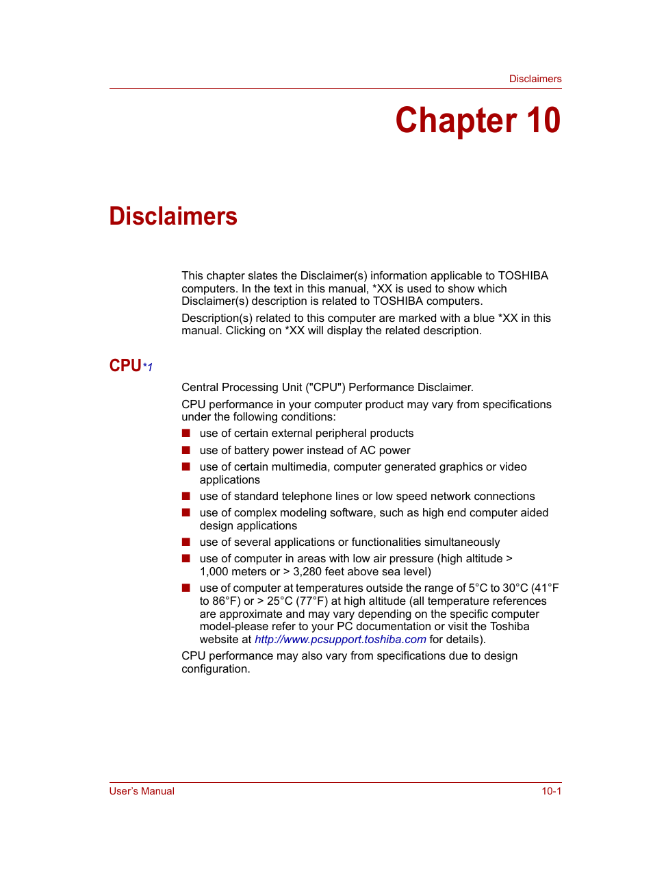 Chapter 10: disclaimers, Cpu*1, Chapter 10 | Disclaimers | Toshiba NB100 User Manual | Page 99 / 127