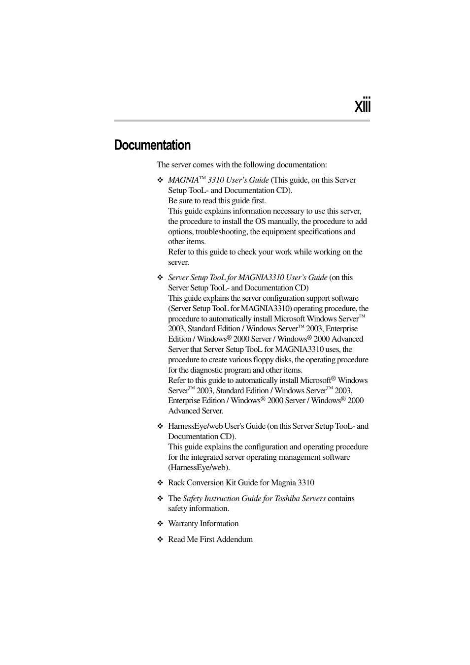 Xiii, Documentation | Toshiba Magnia 3310 User Manual | Page 12 / 257