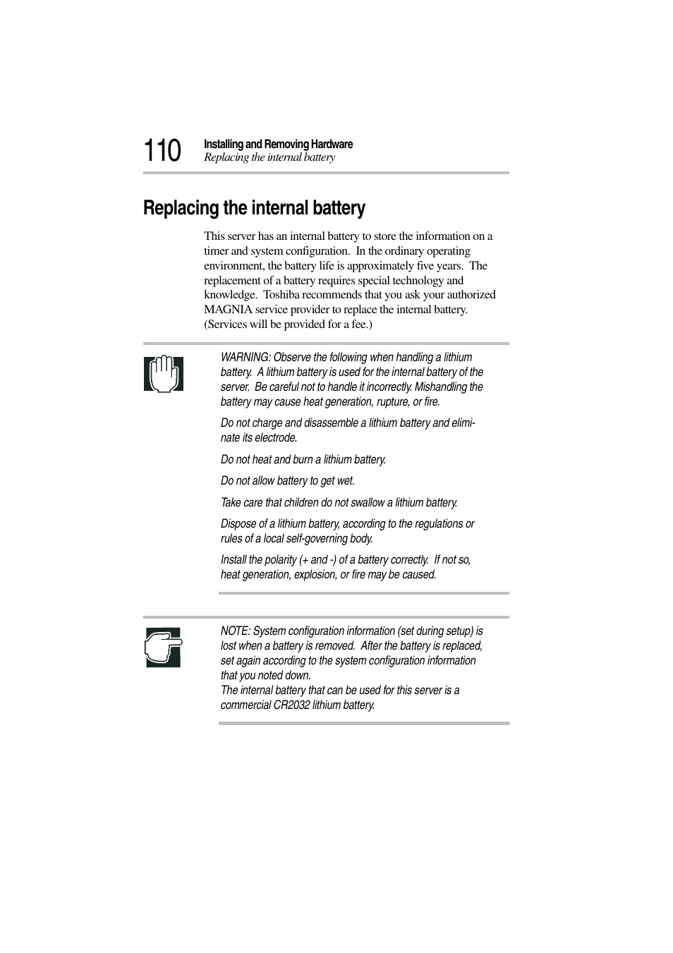 Replacing the internal battery | Toshiba Magnia 3310 User Manual | Page 128 / 257