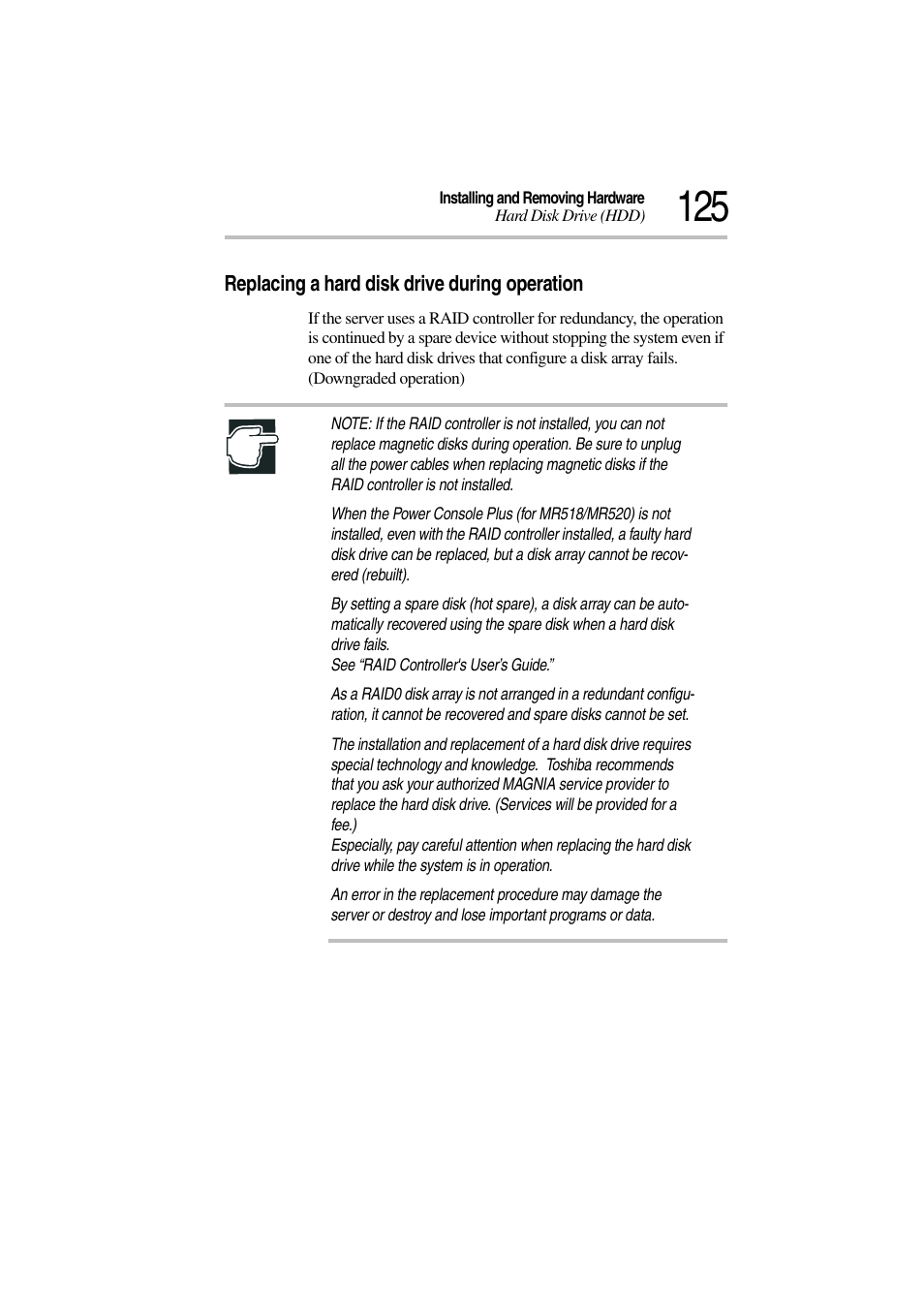 Replacing a hard disk drive during operation | Toshiba Magnia 3310 User Manual | Page 143 / 257