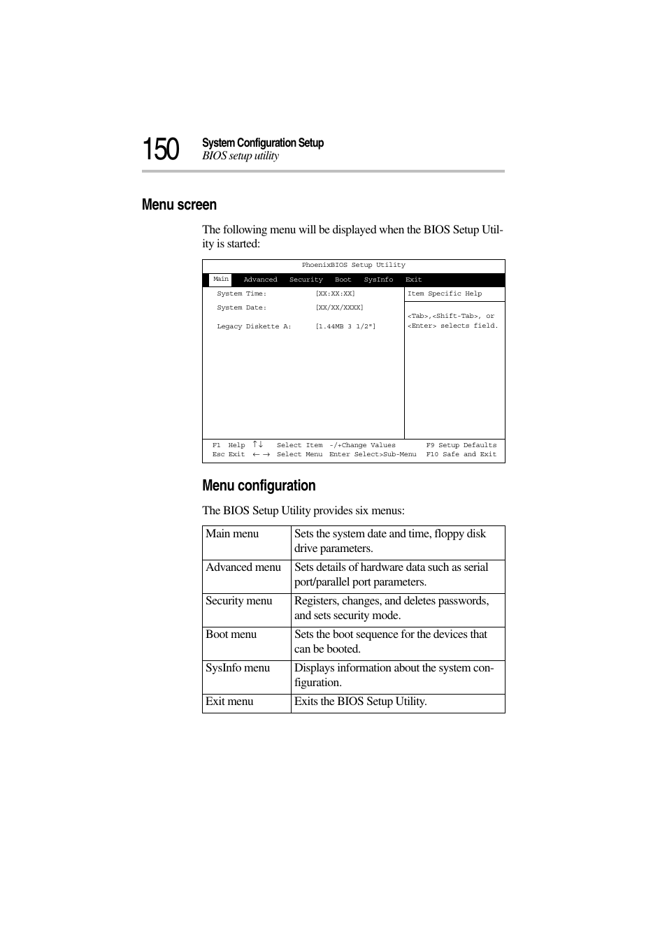 Menu screen, Menu configuration | Toshiba Magnia 3310 User Manual | Page 168 / 257