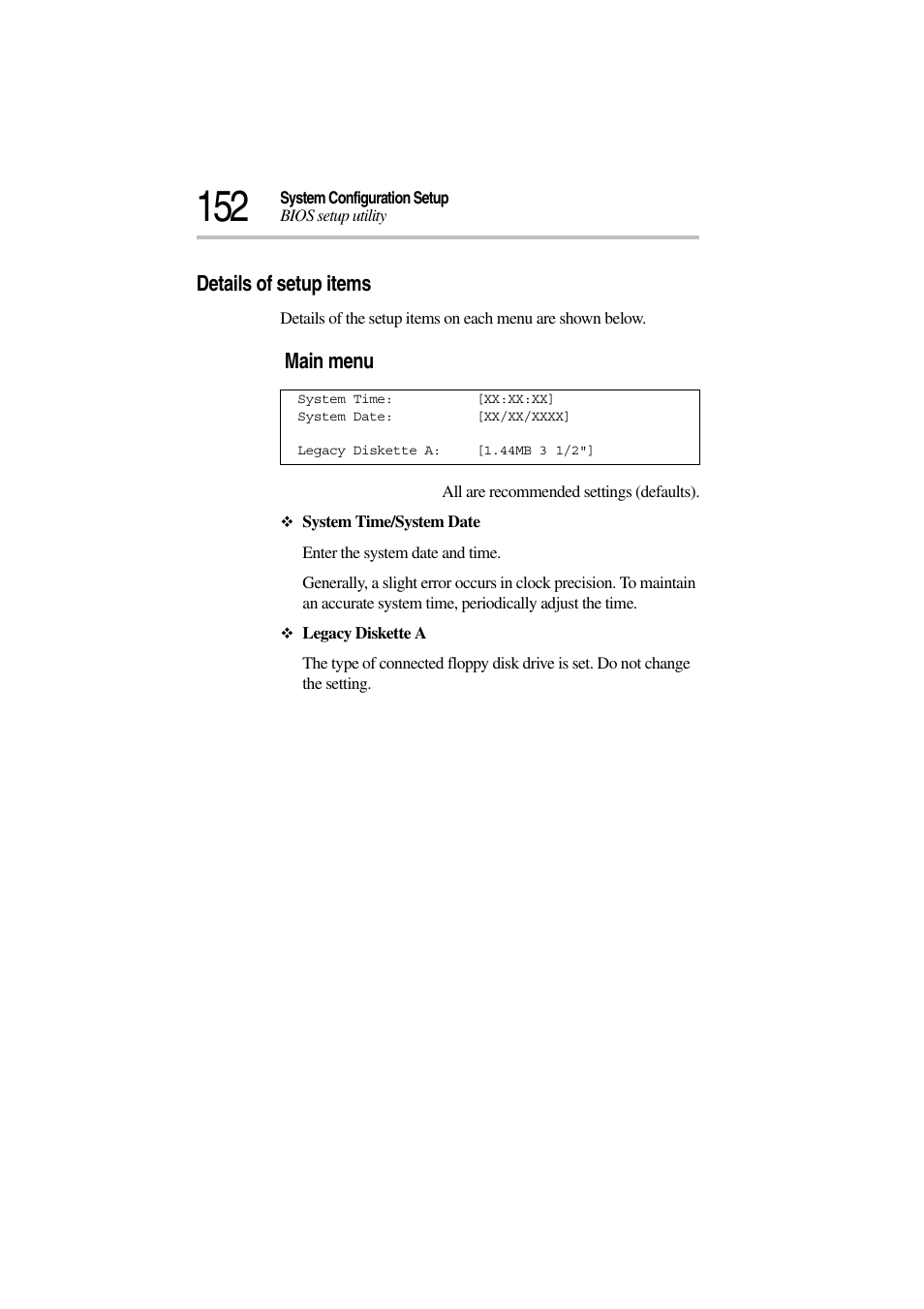 Details of setup items, Main menu | Toshiba Magnia 3310 User Manual | Page 170 / 257