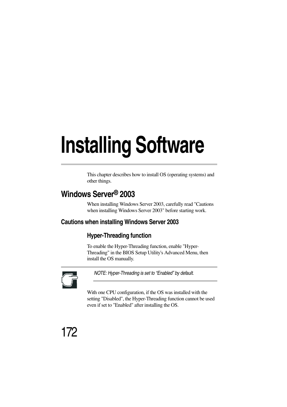 Installing software, Windows server® 2003, Cautions when installing windows server 2003 | Chapter 4: installing software | Toshiba Magnia 3310 User Manual | Page 189 / 257