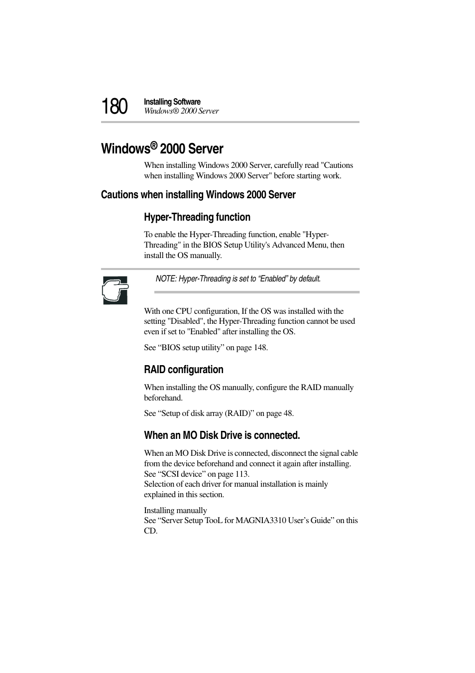 Windows® 2000 server, Cautions when installing windows 2000 server, Windows | 2000 server | Toshiba Magnia 3310 User Manual | Page 197 / 257