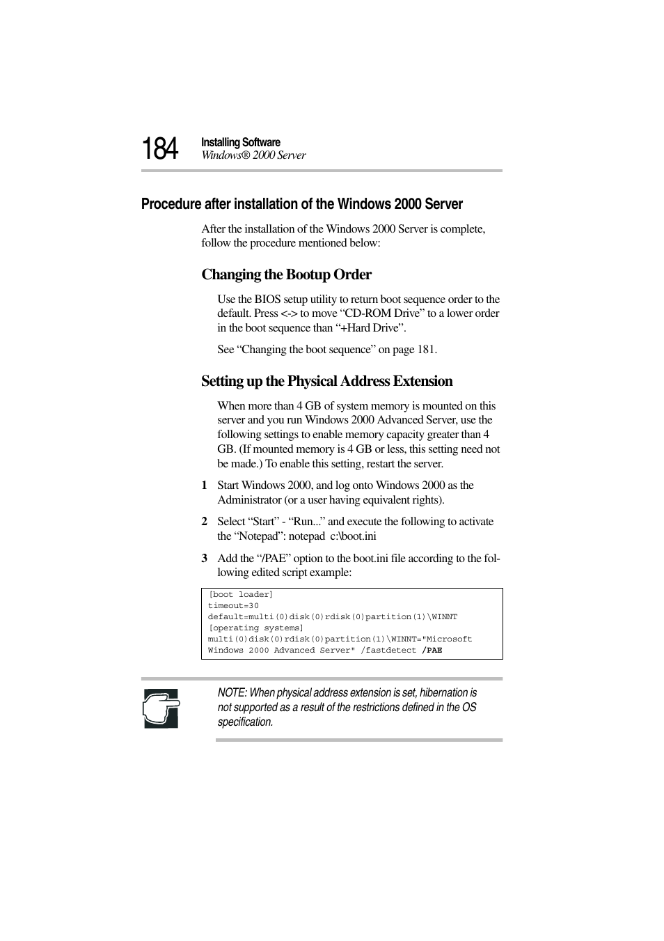 Changing the bootup order, Setting up the physical address extension | Toshiba Magnia 3310 User Manual | Page 201 / 257