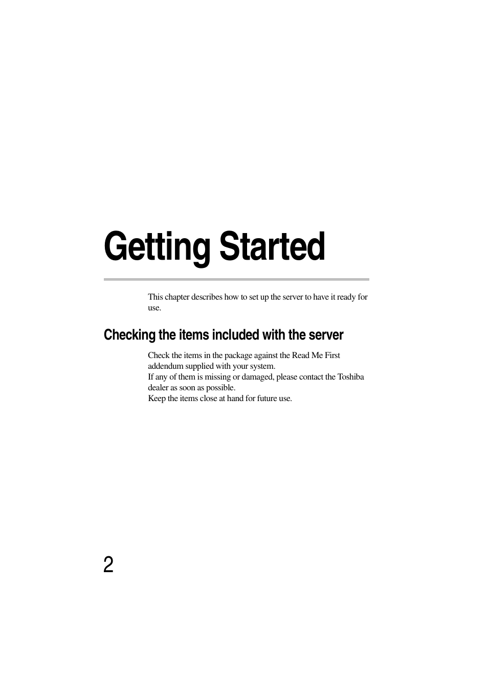 Getting started, Checking the items included with the server, Chapter 1: getting started | Toshiba Magnia 3310 User Manual | Page 21 / 257