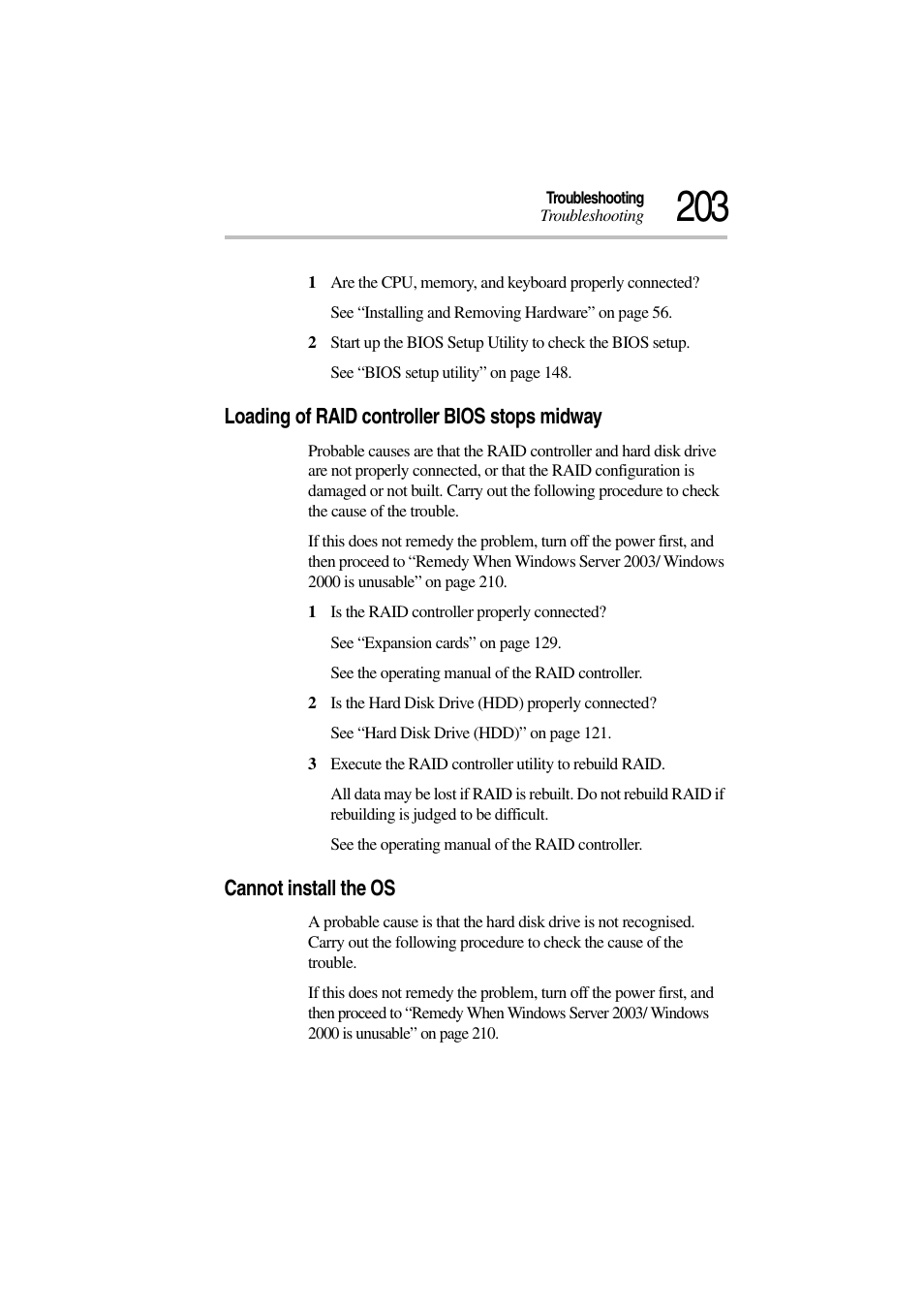 Loading of raid controller bios stops midway, Cannot install the os | Toshiba Magnia 3310 User Manual | Page 219 / 257