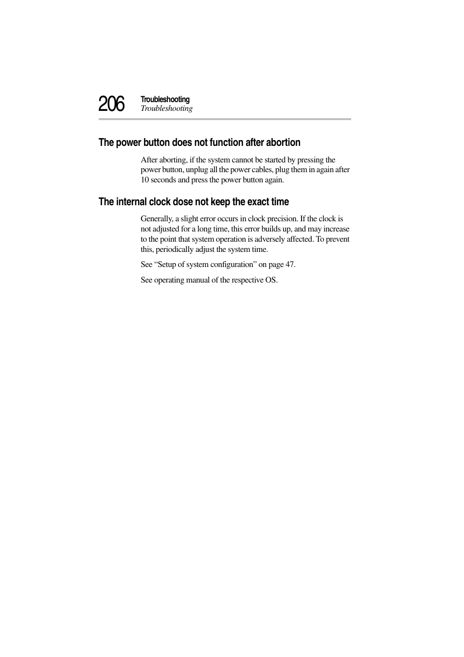 The power button does not function after abortion, The internal clock dose not keep the exact time | Toshiba Magnia 3310 User Manual | Page 222 / 257