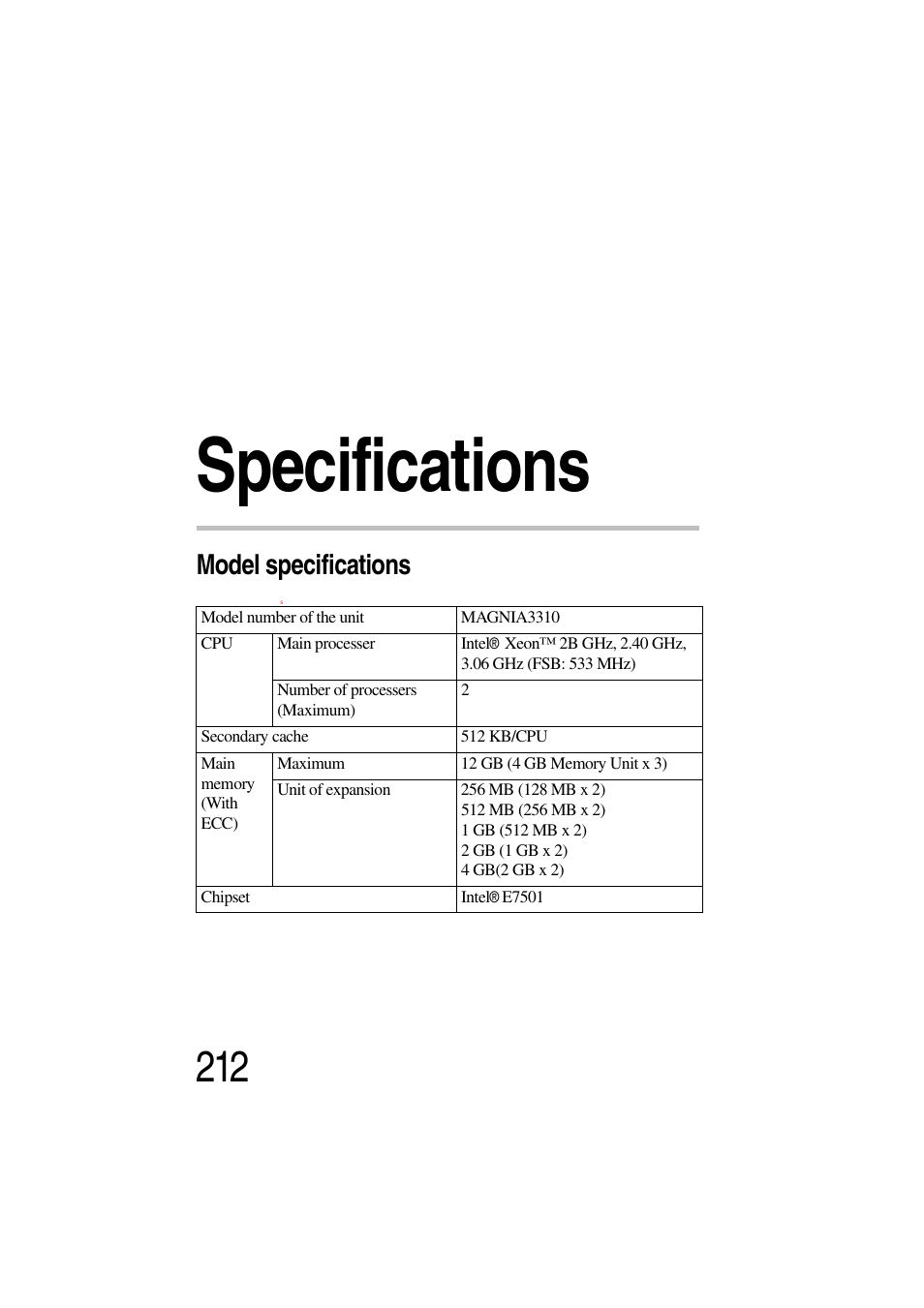 Specifications, Model specifications, Appendix a: specifications | Toshiba Magnia 3310 User Manual | Page 228 / 257