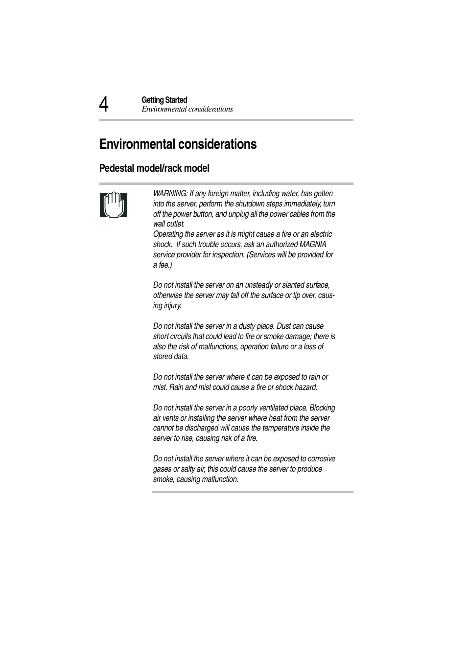 Environmental considerations, Pedestal model/rack model | Toshiba Magnia 3310 User Manual | Page 23 / 257