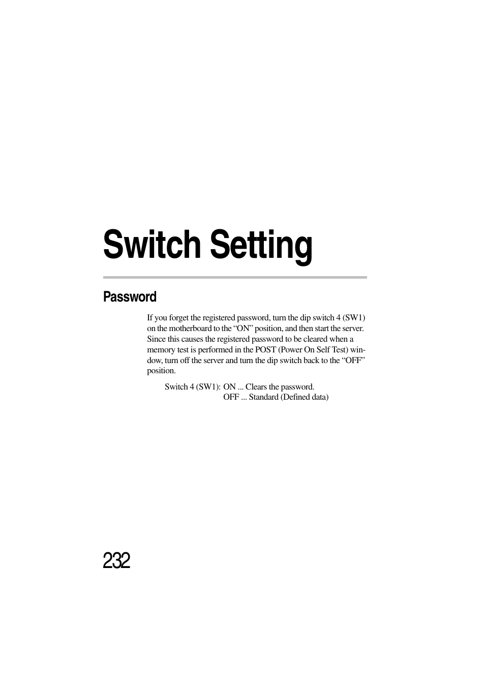 Switch setting, Password, Appendix c: switch setting | Toshiba Magnia 3310 User Manual | Page 247 / 257