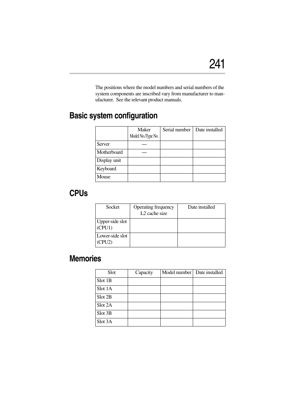 Basic system configuration, Cpus, Memories | Basic system configuration cpus memories | Toshiba Magnia 3310 User Manual | Page 255 / 257