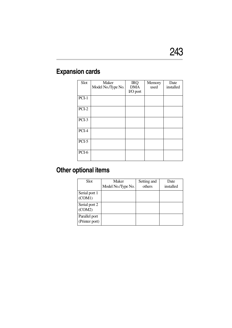 Expansion cards, Other optional items, Expansion cards other optional items | Toshiba Magnia 3310 User Manual | Page 257 / 257