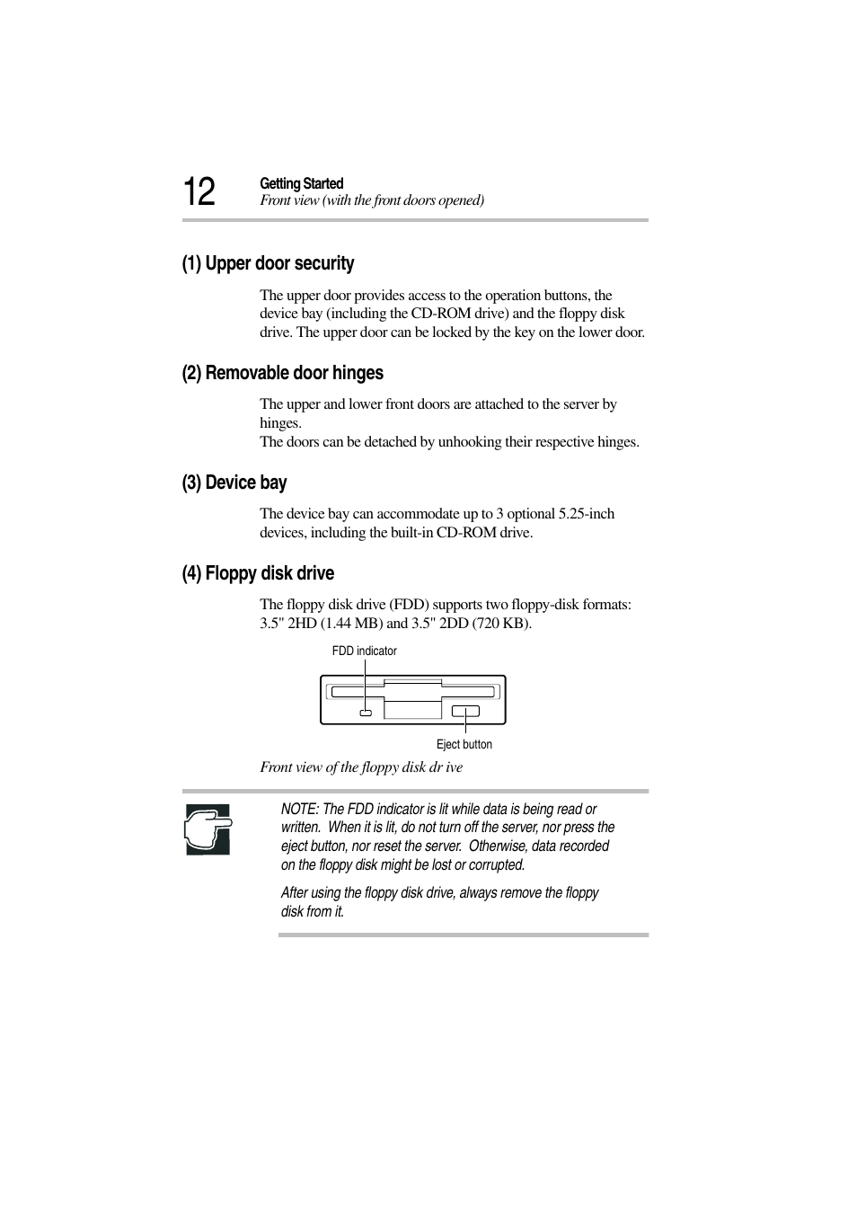 1) upper door security, 2) removable door hinges, 3) device bay | 4) floppy disk drive | Toshiba Magnia 3310 User Manual | Page 31 / 257