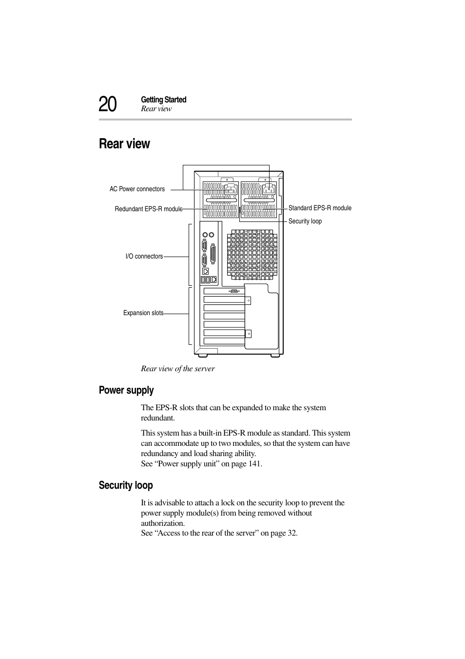 Rear view, Power supply, Security loop | Power supply security loop | Toshiba Magnia 3310 User Manual | Page 39 / 257