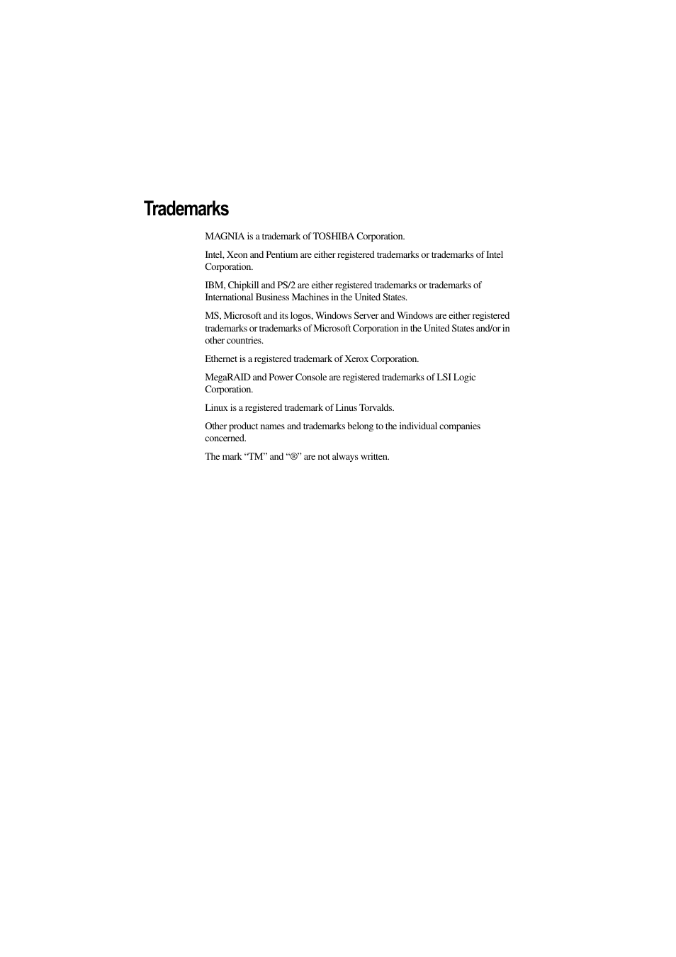 Trademarks | Toshiba Magnia 3310 User Manual | Page 6 / 257