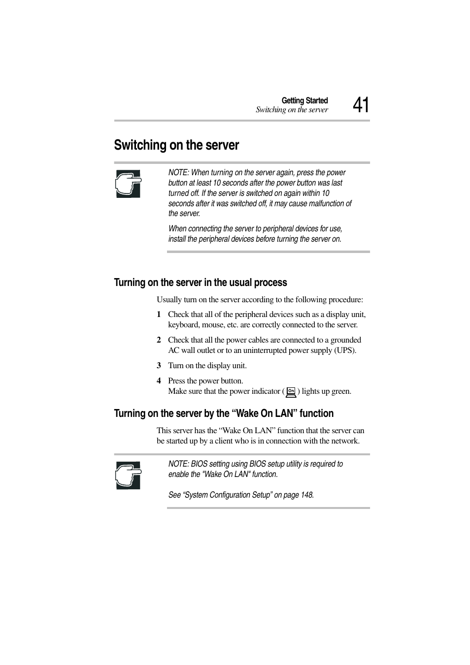 Switching on the server, Turning on the server in the usual process | Toshiba Magnia 3310 User Manual | Page 60 / 257