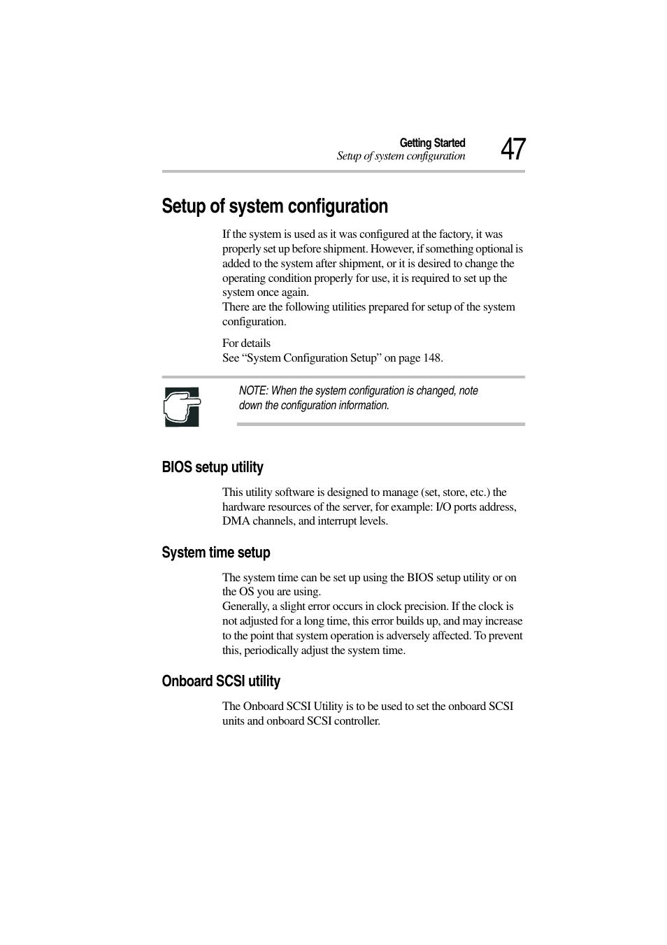 Setup of system configuration, Bios setup utility, System time setup | Onboard scsi utility | Toshiba Magnia 3310 User Manual | Page 66 / 257