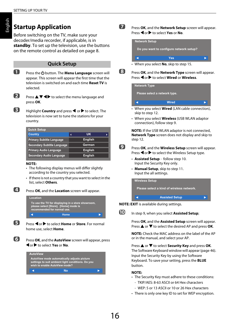 Setting up your tv, Startup application, Quick setup | Toshiba VL963 User Manual | Page 16 / 92