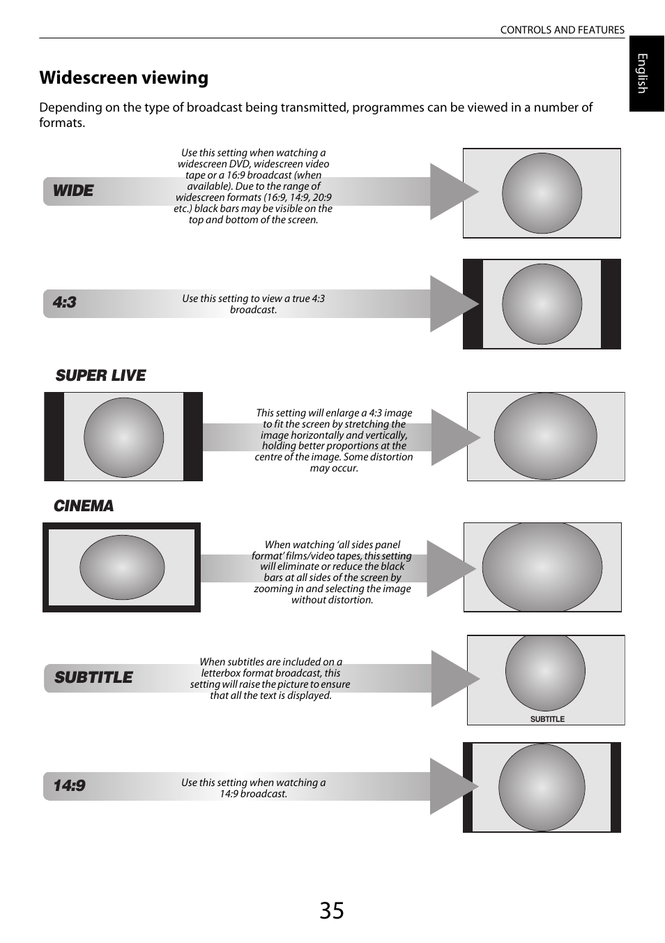 Widescreen viewing, Subtitle, Super live | Cinema, Wide | Toshiba VL963 User Manual | Page 35 / 92