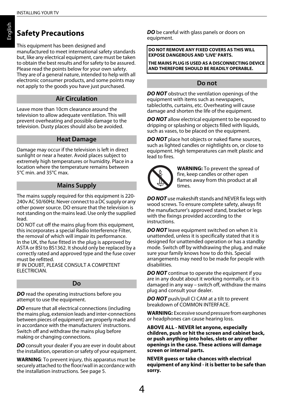 Installing your tv, Safety precautions | Toshiba VL963 User Manual | Page 4 / 92