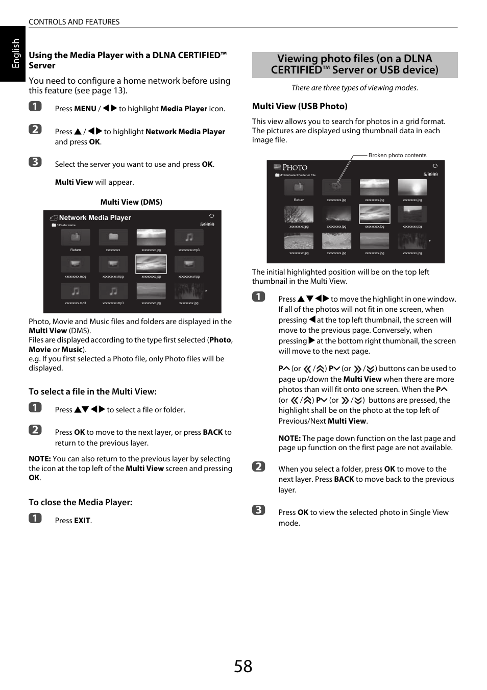 Viewing photo files, On a dlna certified™ server or usb device), En glis h | Multi view (usb photo) | Toshiba VL963 User Manual | Page 58 / 92