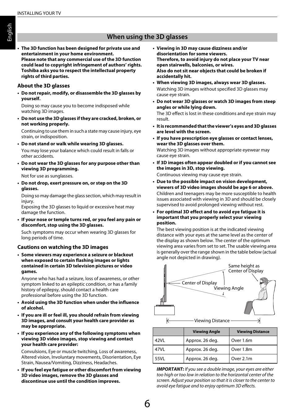 When using the 3d glasses | Toshiba VL963 User Manual | Page 6 / 92