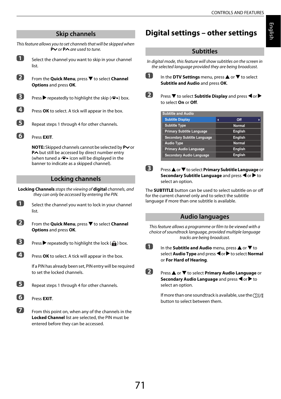 Skip channels, Locking channels, Digital settings – other settings | Subtitles, Audio languages, Skip channels locking channels, Subtitles audio languages | Toshiba VL963 User Manual | Page 71 / 92