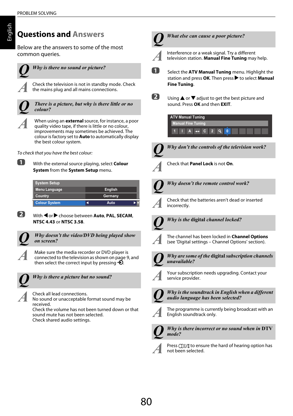 Problem solving, Questions and answers, Questions and | Answers | Toshiba VL963 User Manual | Page 80 / 92