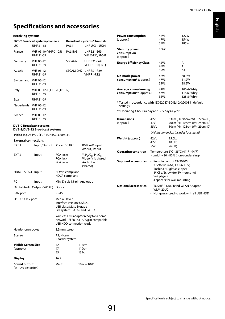 Specifications and accessories, Engl ish | Toshiba VL963 User Manual | Page 91 / 92