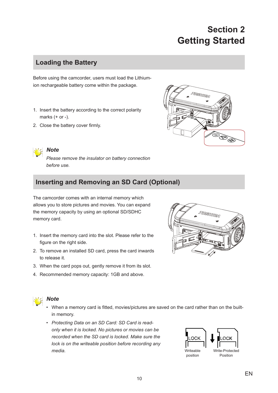 Section 2 getting started, Loading the battery, Inserting and removing an sd card (optional) | Getting started | Toshiba Camileo A35 User Manual | Page 10 / 52