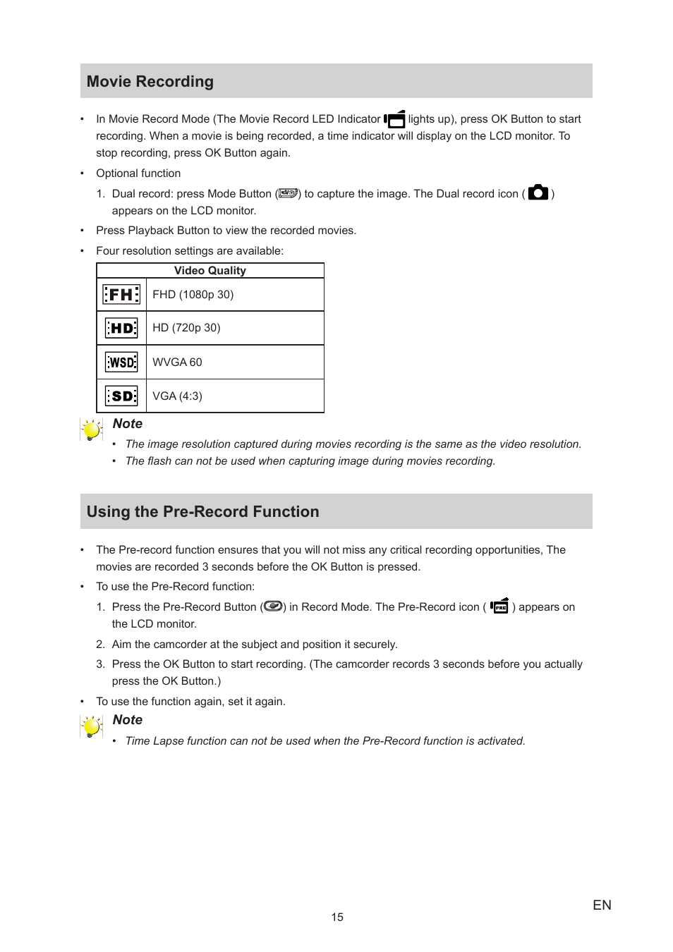 Movie recording, Using the pre-record function, Movie recording using the pre-record function | Toshiba Camileo A35 User Manual | Page 15 / 52