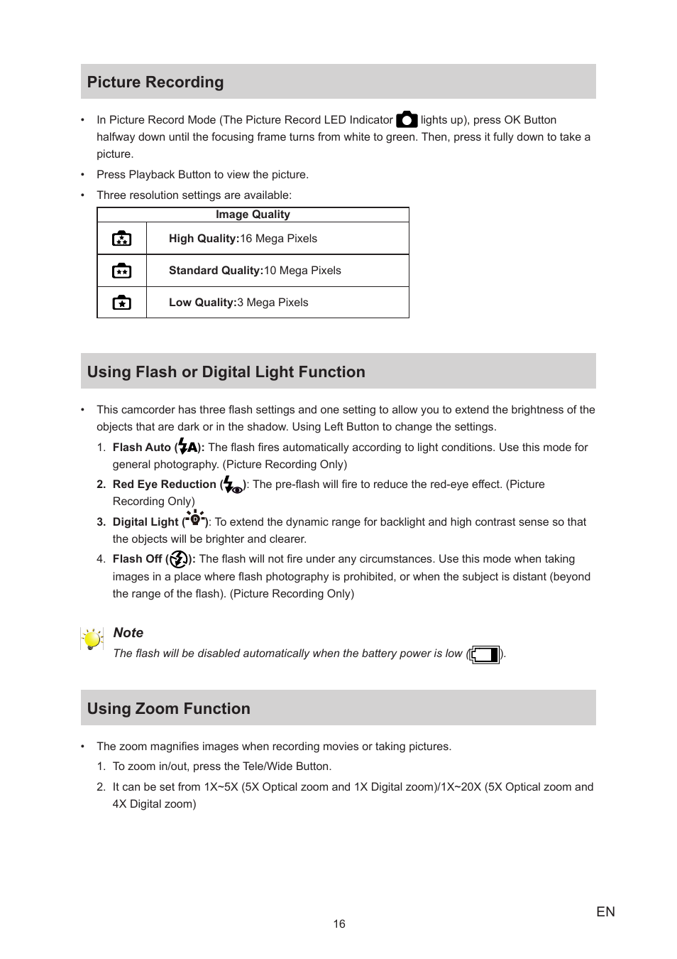 Picture recording, Using flash or digital light function, Using zoom function | Toshiba Camileo A35 User Manual | Page 16 / 52