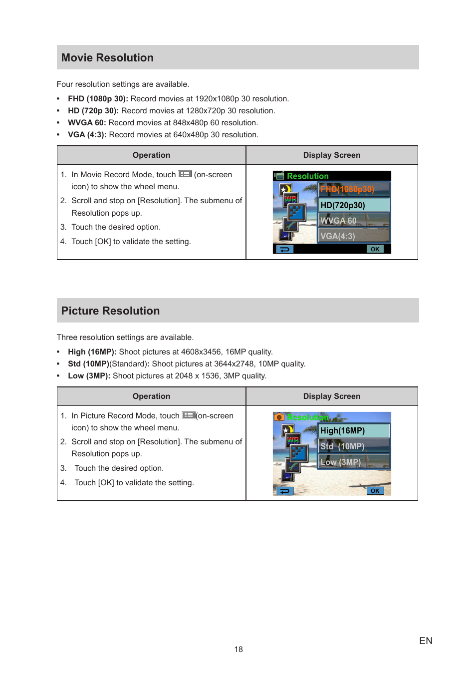 Movie resolution, Picture resolution, Movie resolution picture resolution | Toshiba Camileo A35 User Manual | Page 18 / 52