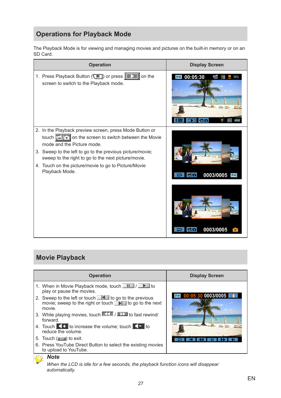 Operations for playback mode, Movie playback, Operations for playback mode movie playback | Toshiba Camileo A35 User Manual | Page 27 / 52