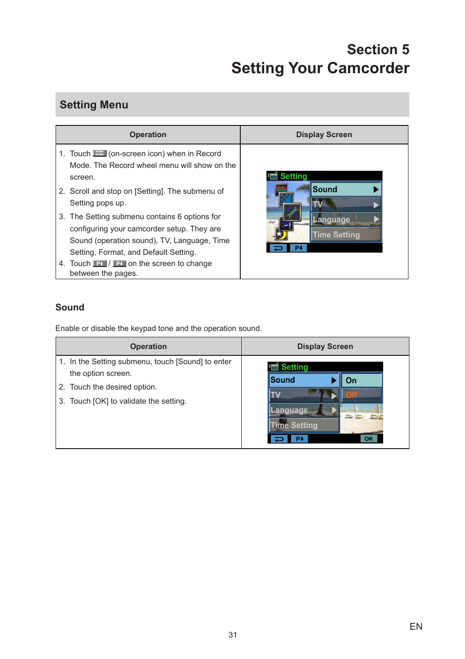 Section 5 setting your camcorder, Setting menu, Setting your camcorder | Toshiba Camileo A35 User Manual | Page 31 / 52