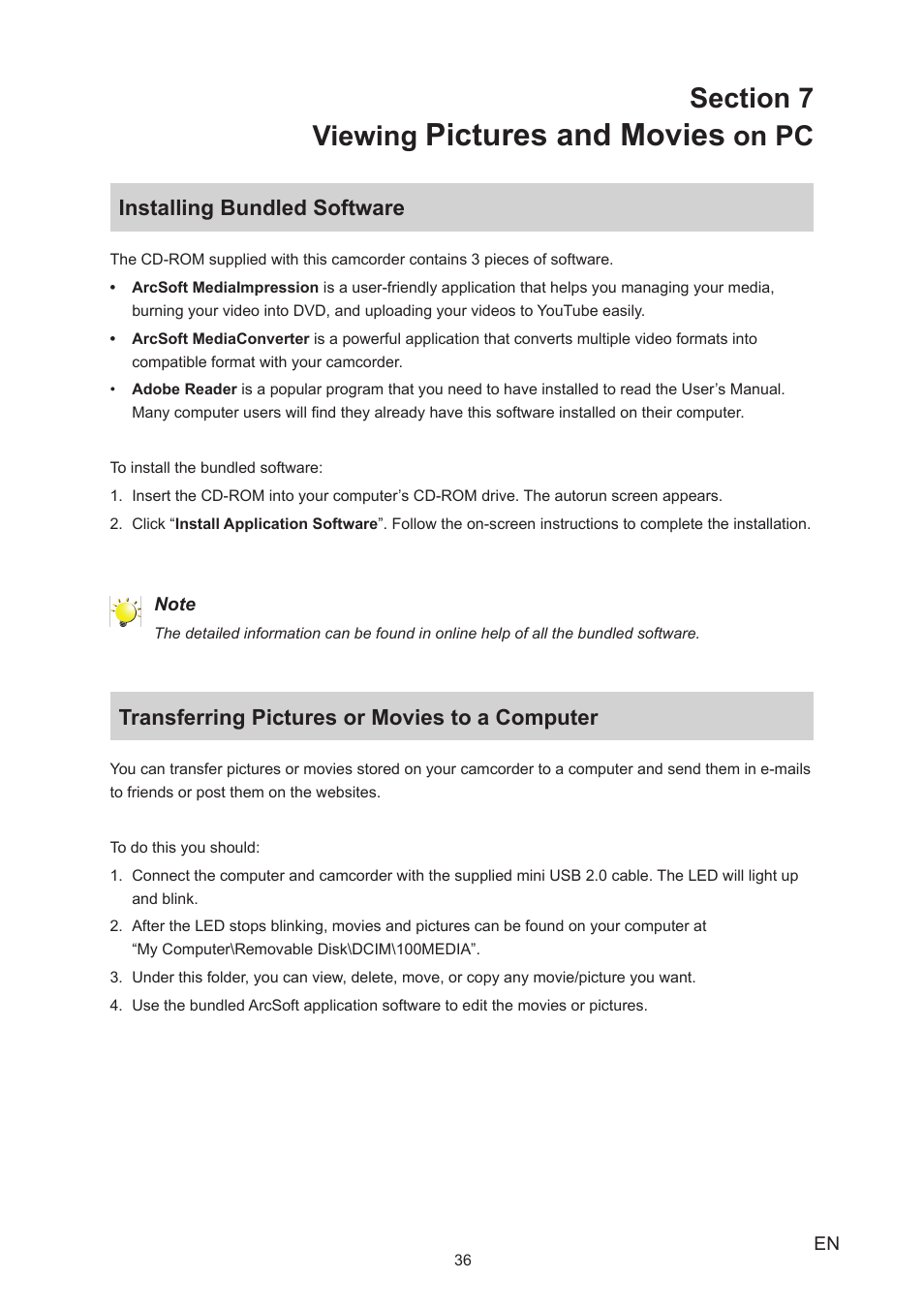 Section 7 viewing pictures and movies on pc, Installing bundled software, Transferring pictures or movies to a computer | Pictures and movies, On pc | Toshiba Camileo A35 User Manual | Page 36 / 52