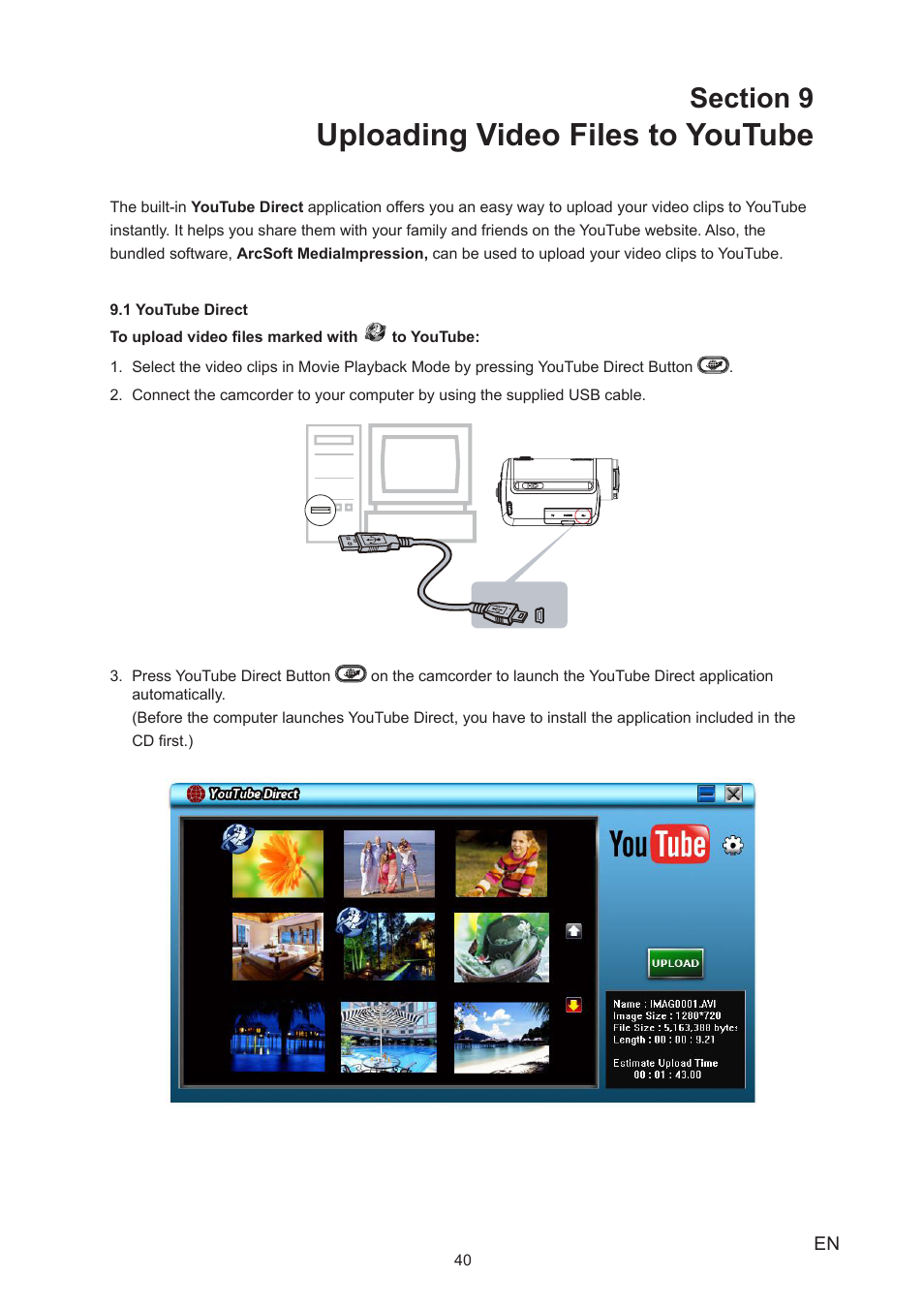 Section 9 uploading video files to youtube, Uploading video files to youtube | Toshiba Camileo A35 User Manual | Page 40 / 52