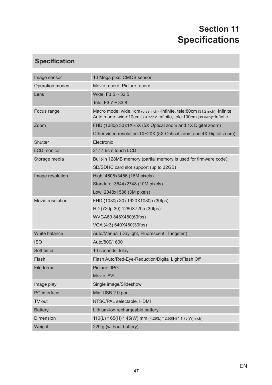 Section 11 specifications, Specifications, Specification | Toshiba Camileo A35 User Manual | Page 47 / 52