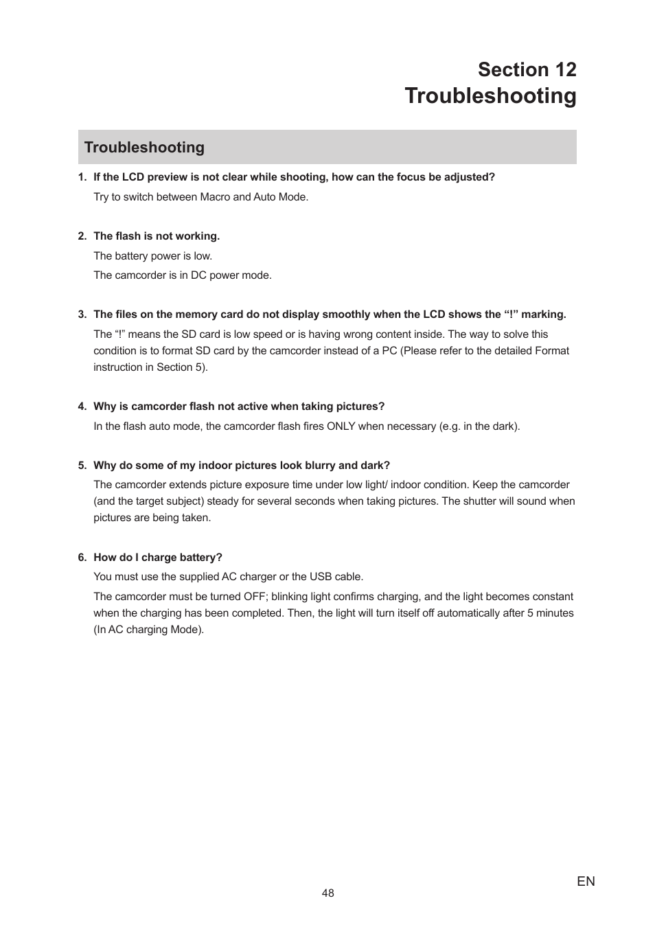 Section 12 troubleshooting, Troubleshooting | Toshiba Camileo A35 User Manual | Page 48 / 52