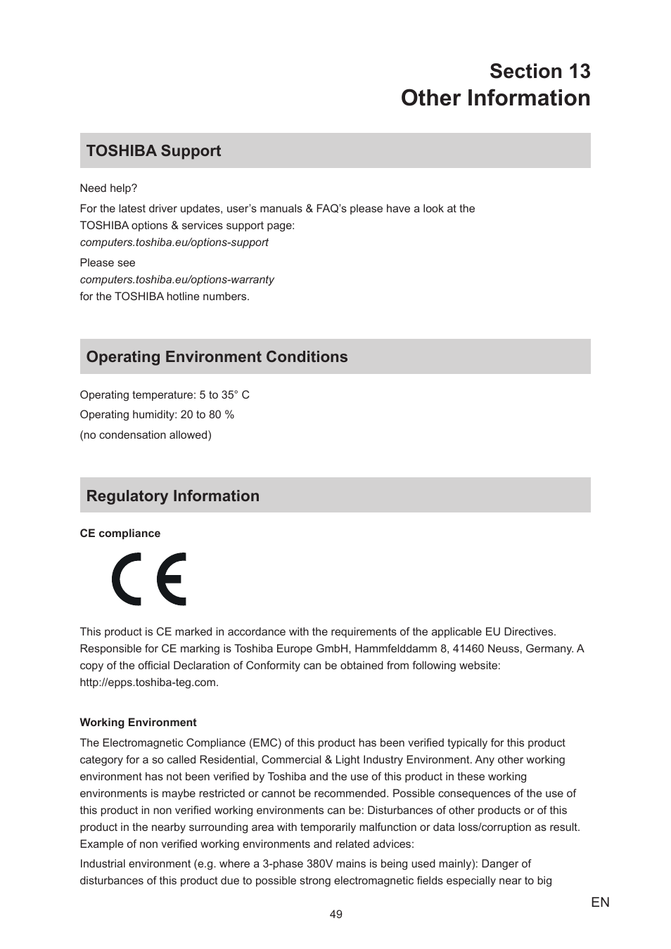 Section 13 other information, Toshiba support, Operating environment conditions | Regulatory information, Other information | Toshiba Camileo A35 User Manual | Page 49 / 52