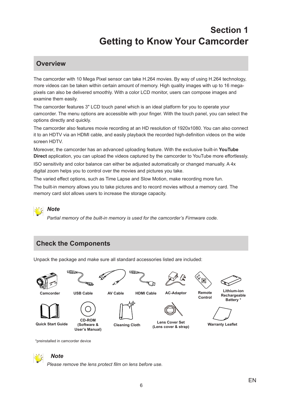 Section 1 getting to know your camcorder, Overview, Check the components | Overview check the components, Getting to know your camcorder | Toshiba Camileo A35 User Manual | Page 6 / 52