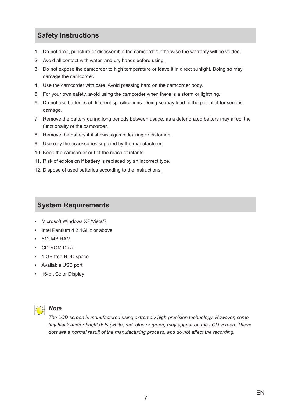 Safety instructions, System requirements, Safety instructions system requirements | Toshiba Camileo A35 User Manual | Page 7 / 52