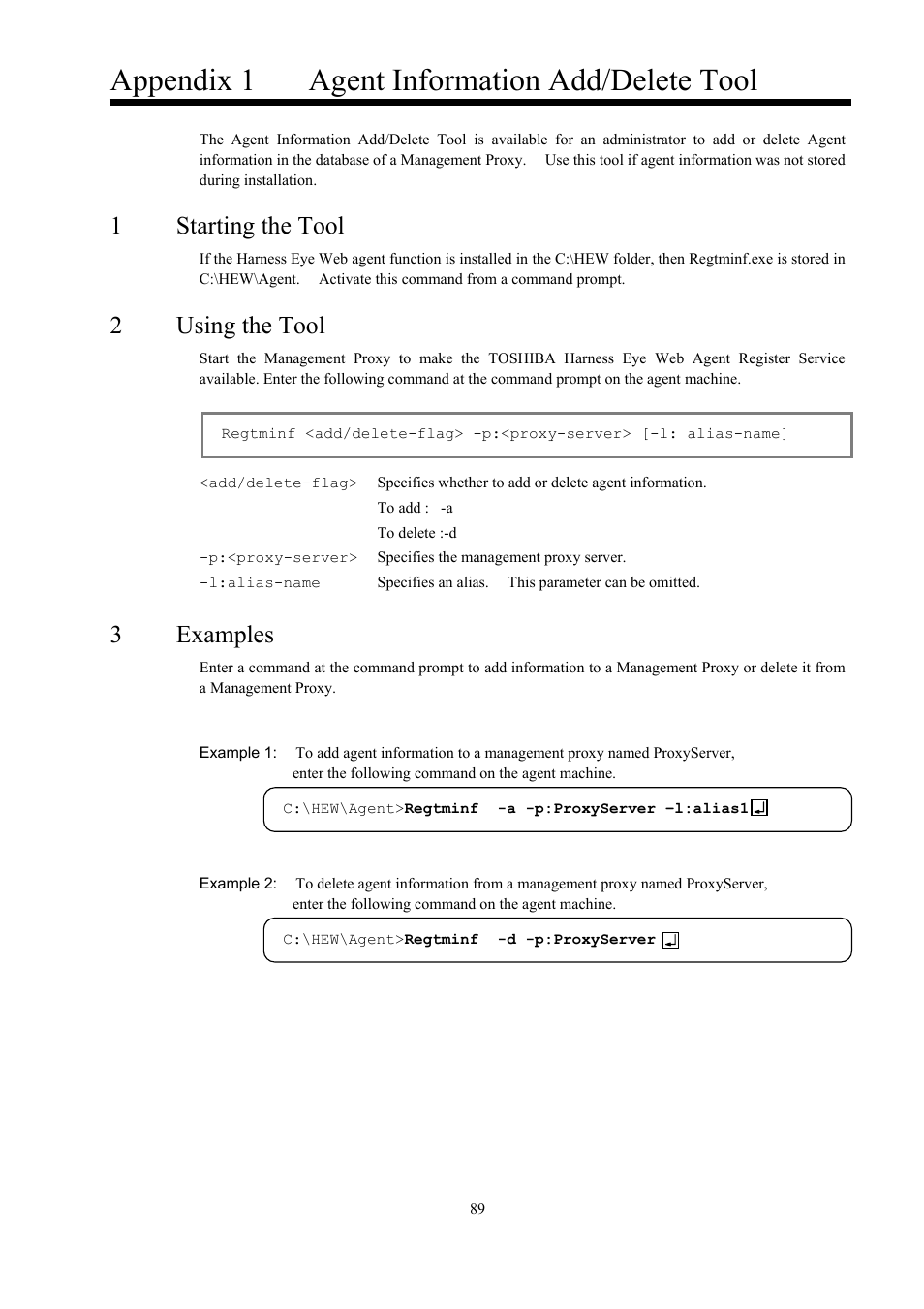 Appendix 1, Agent information add/delete tool, Starting the tool | Using the tool, Examples, Appendix 1 agent information add/delete tool, 1starting the tool, 2using the tool, 3 examples | Toshiba Magnia 550d User Manual | Page 101 / 140